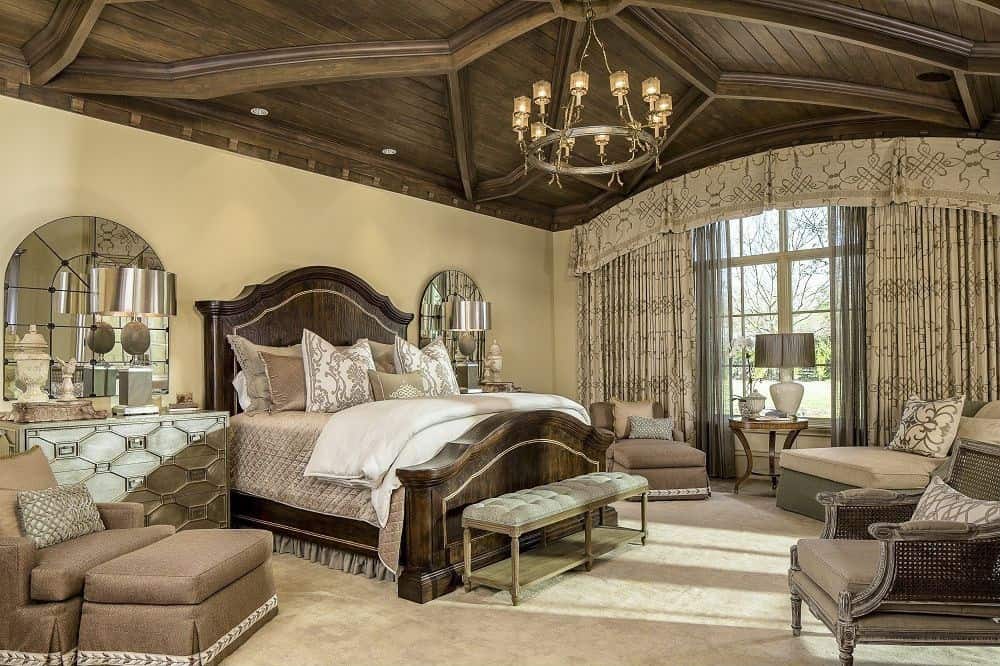 Mediterranean master bedroom with gorgous wood ceiling