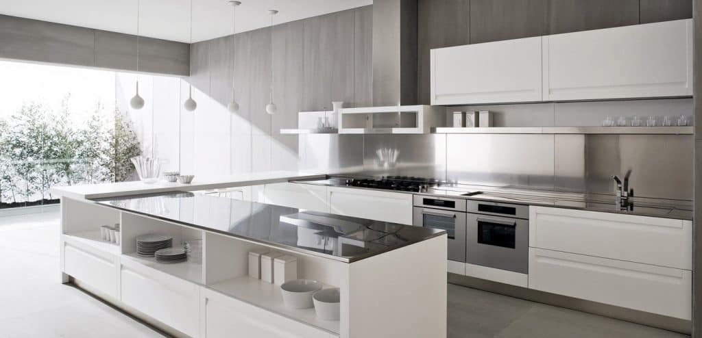 clean white kitchen design with modern lightning