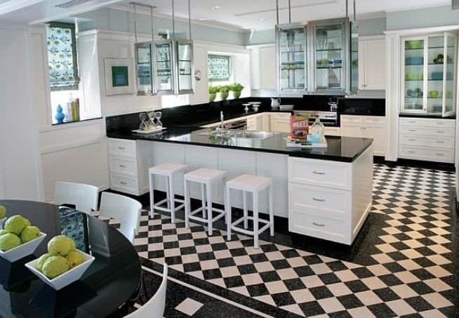 White and black granite kitchen with check board floor
