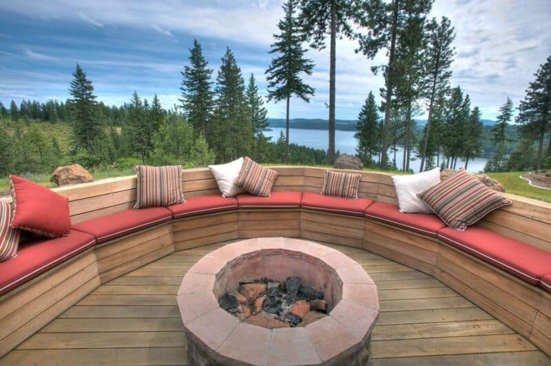 Curved pressure-treated deck with custom bench seating