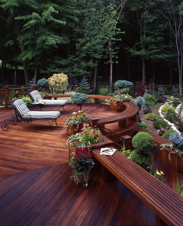 Curved mahogany deck with bench seating