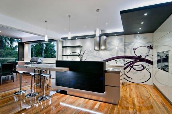 designer kitchen with nice oak floors