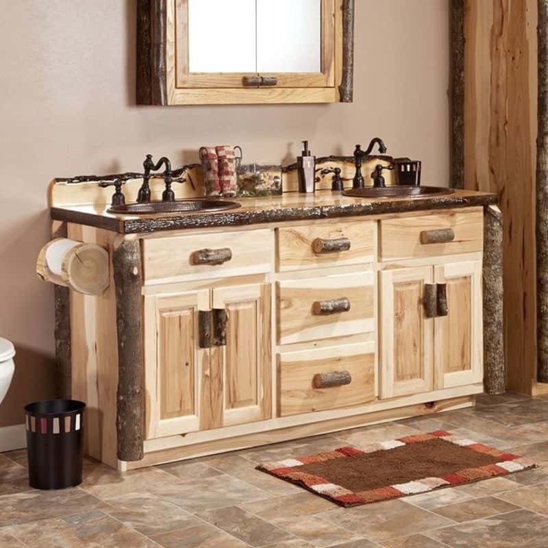 rustic double vanity of hickory tree