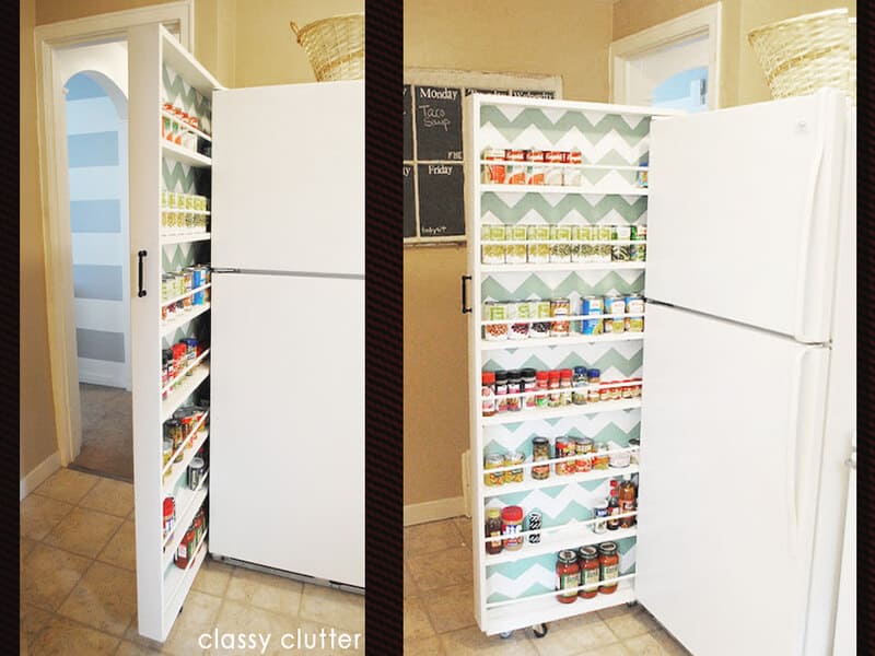 Roll out hidden kitchen pantry beside fridge